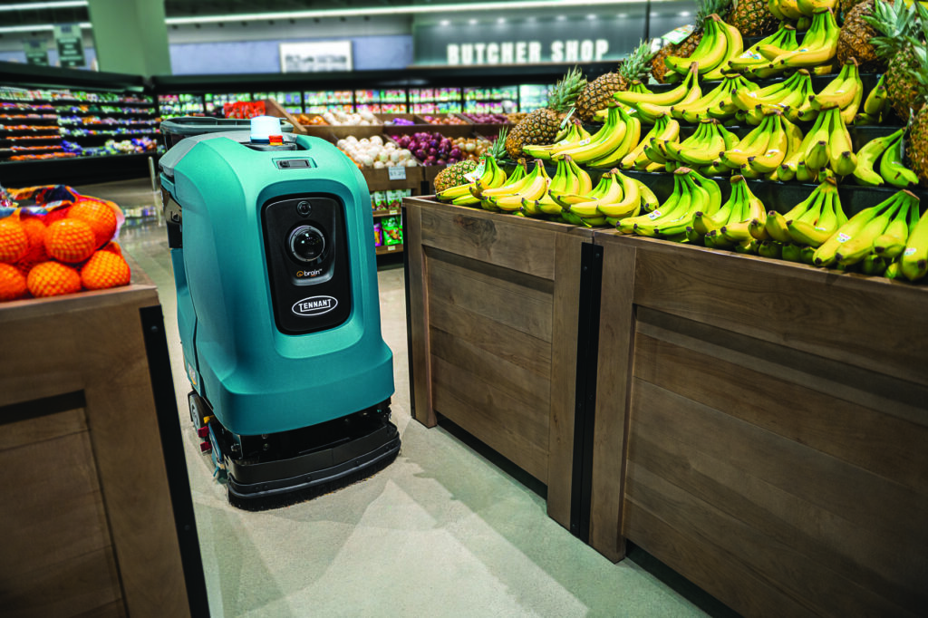 Autonomous X4 ROVR AI Cleaning Robot Navigating Supermarket Aisles