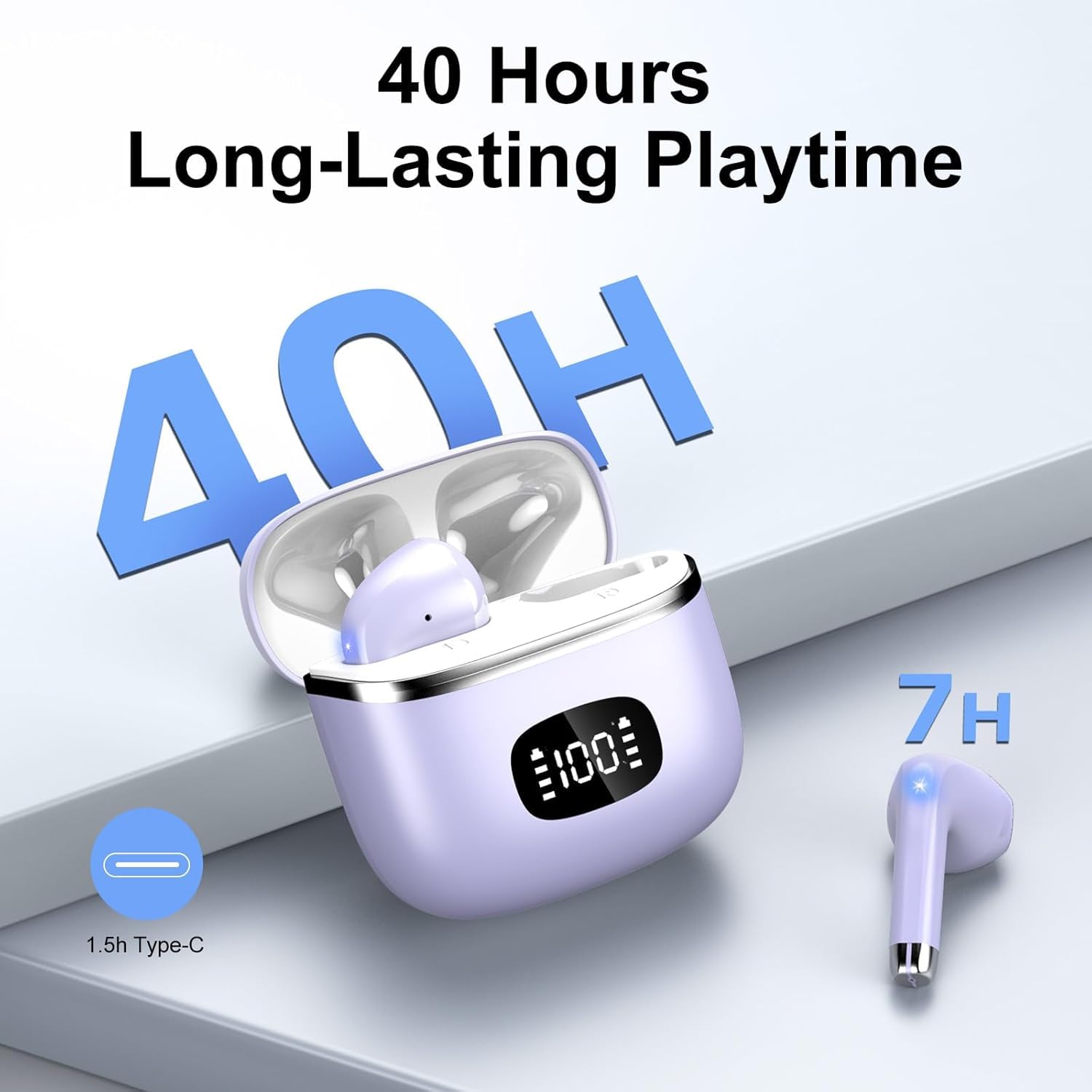 Wireless Earbuds Bluetooth, Headphones Bluetooth 5.3 with HiFi Stereo Deep Bass, Ear Buds Noise Cancelling with ENC Mic, LED Display, 40H Playtime Earphones for Computer Laptop Pad Phone, Dark Purple Review