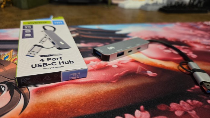 Styletech USBH showing the four ports on the hub. There is one on the end, and three on the side of the hub.