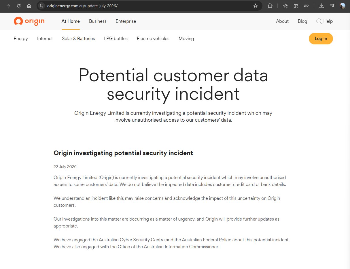 Notification on Origin's website and app concerning possible data breach