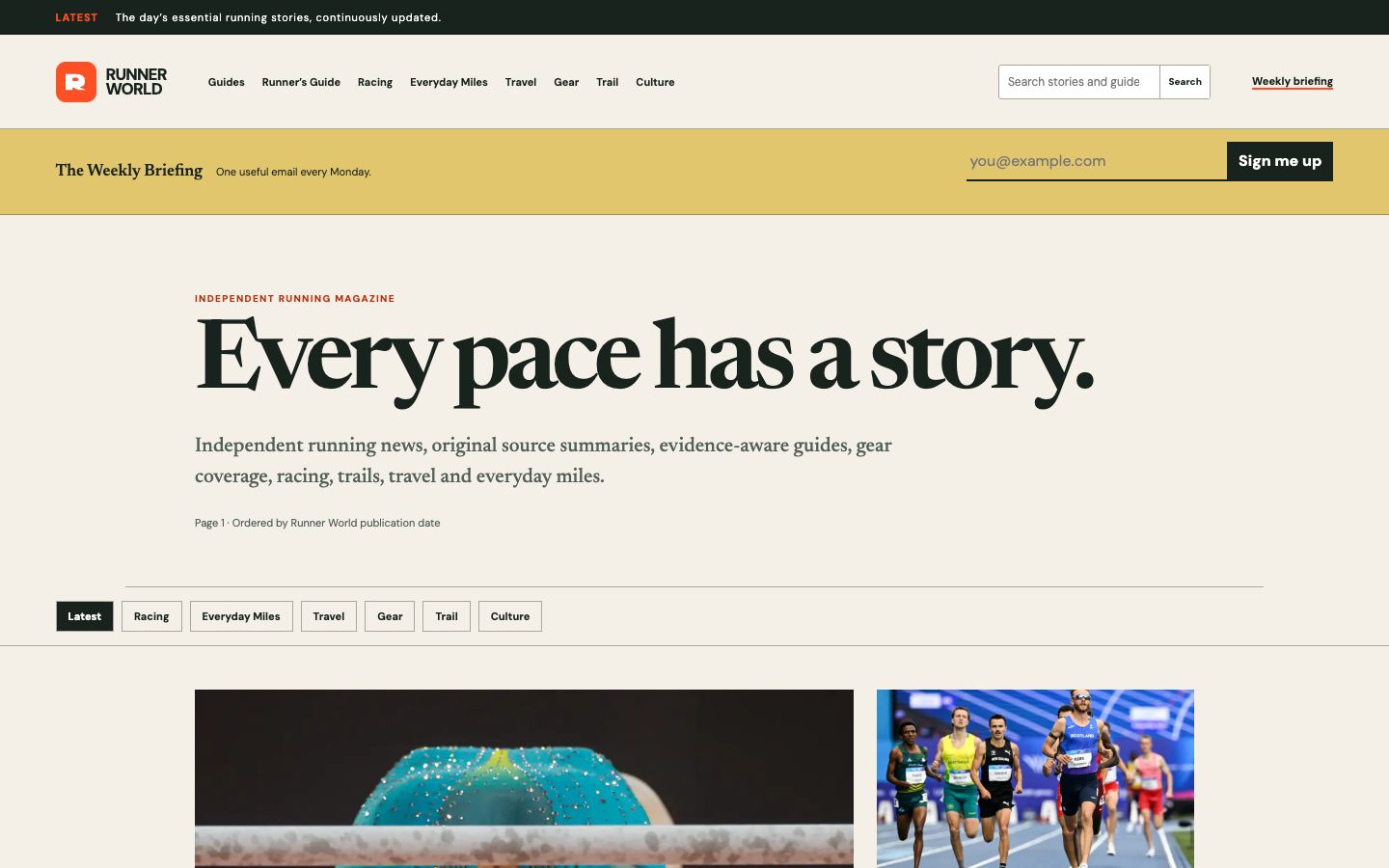 Runner World redesigned homepage on desktop