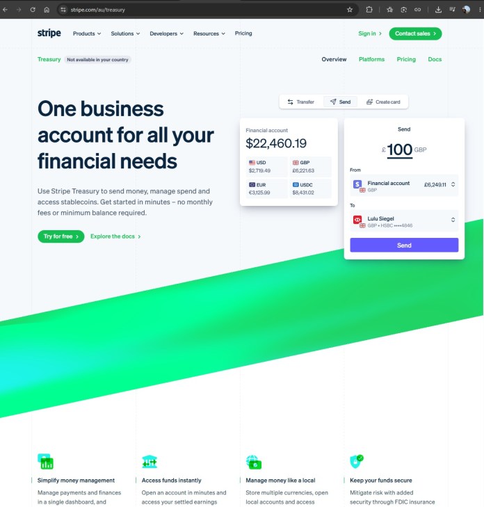 Introduction of Stripe Treasury in Australia, Providing Local Firms Immediate Global Payouts and Multi-Currency Handling
